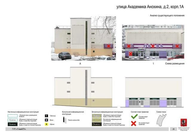 Архитектурная концепция размещения вывесок — Академика анохина улица, 2, корп. 1А, Москва, страница PDF 29 · Документ по адресу · Архитектурно-художественная концепция · 2016 год