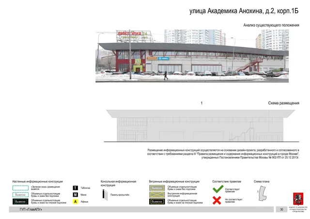 Архитектурная концепция размещения вывесок — Академика анохина улица, 2, корп. 1Б, Москва, страница PDF 30 · Документ по адресу · Архитектурно-художественная концепция · 2016 год