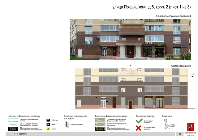 Архитектурная концепция размещения вывесок — Покрышкина улица, 8, корп. 2, Москва, лист 1 из 3 · Документ по адресу · Архитектурно-художественная концепция · 2016 год