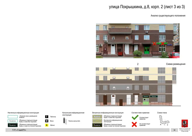 Архитектурная концепция размещения вывесок — Покрышкина улица, 8, корп. 2, Москва, лист 3 из 3 · Документ по адресу · Архитектурно-художественная концепция · 2016 год