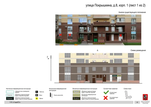 Архитектурная концепция размещения вывесок — Покрышкина улица, 8, корп. 1, Москва, лист 1 из 2 · Документ по адресу · Архитектурно-художественная концепция · 2016 год