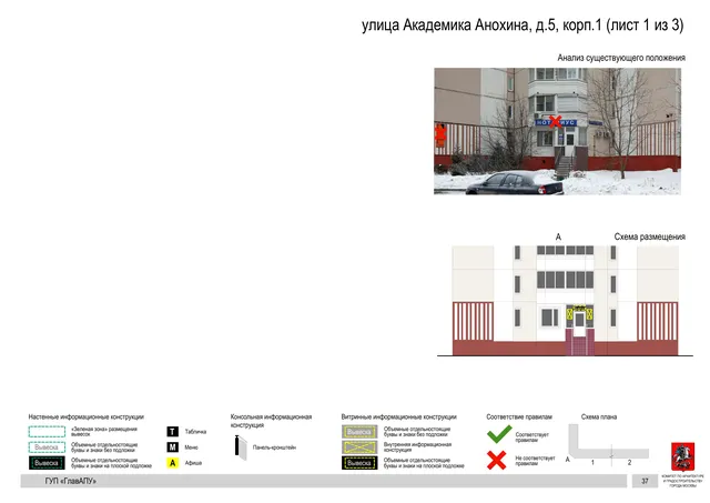 Архитектурная концепция размещения вывесок — Академика анохина улица, 5, корп. 1, Москва, лист 1 из 3 · Документ по адресу · Архитектурно-художественная концепция · 2016 год