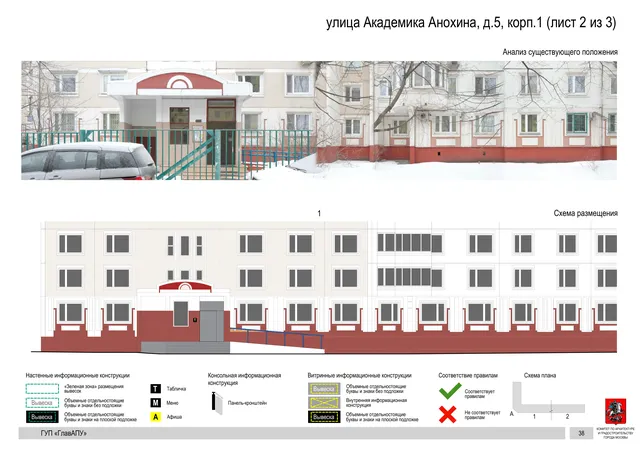 Архитектурная концепция размещения вывесок — Академика анохина улица, 5, корп. 1, Москва, лист 2 из 3 · Документ по адресу · Архитектурно-художественная концепция · 2016 год