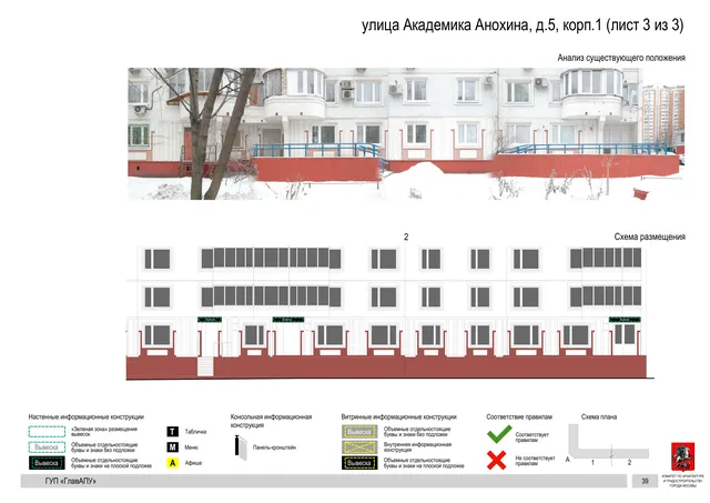 Архитектурная концепция размещения вывесок — Академика анохина улица, 5, корп. 1, Москва, лист 3 из 3 · Документ по адресу · Архитектурно-художественная концепция · 2016 год