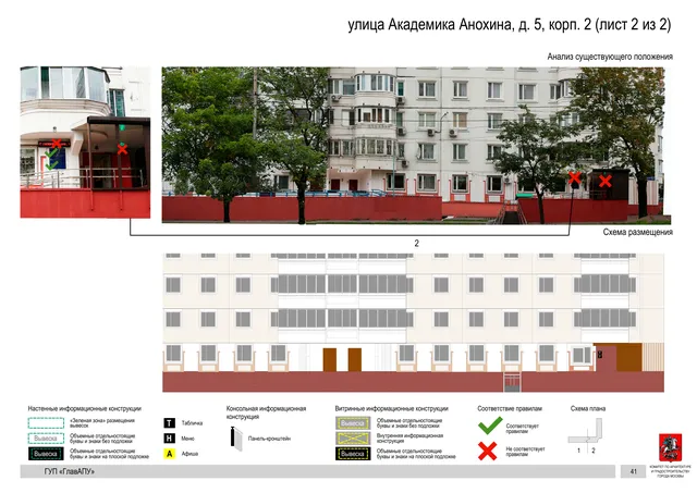Архитектурная концепция размещения вывесок — Академика анохина улица, 5, корп. 2, Москва, лист 2 из 2 · Документ по адресу · Архитектурно-художественная концепция · 2016 год