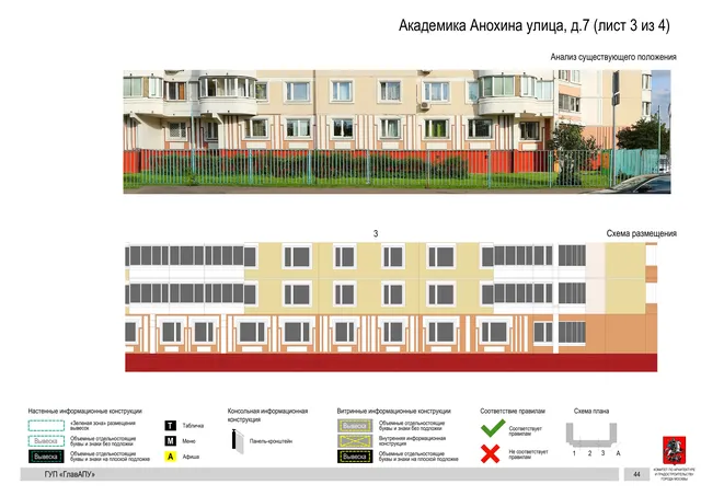 Архитектурная концепция размещения вывесок — Академика анохина улица, 7, Москва, лист 3 из 4 · Документ по адресу · Архитектурно-художественная концепция · 2016 год