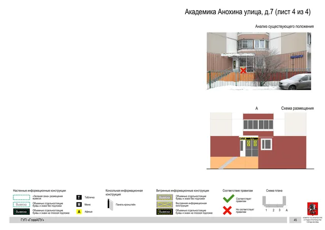 Архитектурная концепция размещения вывесок — Академика анохина улица, 7, Москва, лист 4 из 4 · Документ по адресу · Архитектурно-художественная концепция · 2016 год