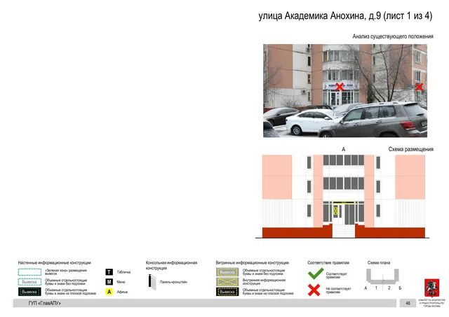 Архитектурная концепция размещения вывесок — Академика анохина улица, 9, Москва, лист 1 из 4 · Документ по адресу · Архитектурно-художественная концепция · 2016 год