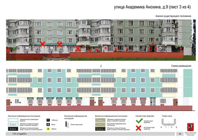 Архитектурная концепция размещения вывесок — Академика анохина улица, 9, Москва, лист 3 из 4 · Документ по адресу · Архитектурно-художественная концепция · 2016 год