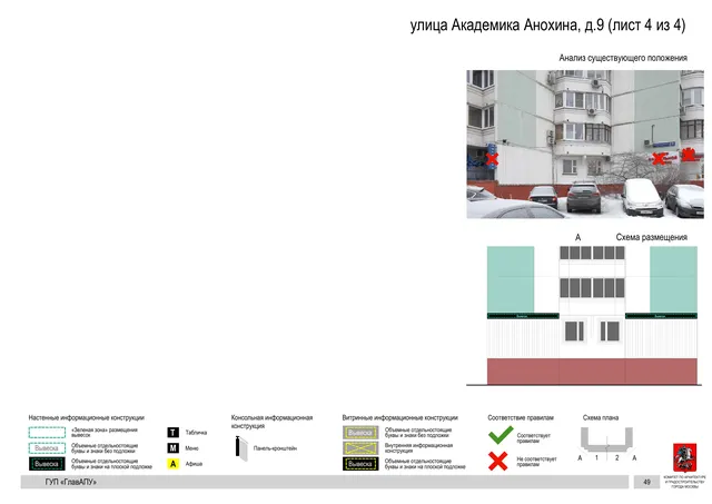 Архитектурная концепция размещения вывесок — Академика анохина улица, 9, Москва, лист 4 из 4 · Документ по адресу · Архитектурно-художественная концепция · 2016 год