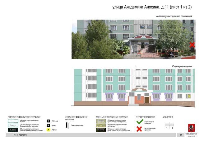 Архитектурная концепция размещения вывесок — Академика анохина улица, 11, Москва, лист 1 из 2 · Документ по адресу · Архитектурно-художественная концепция · 2016 год