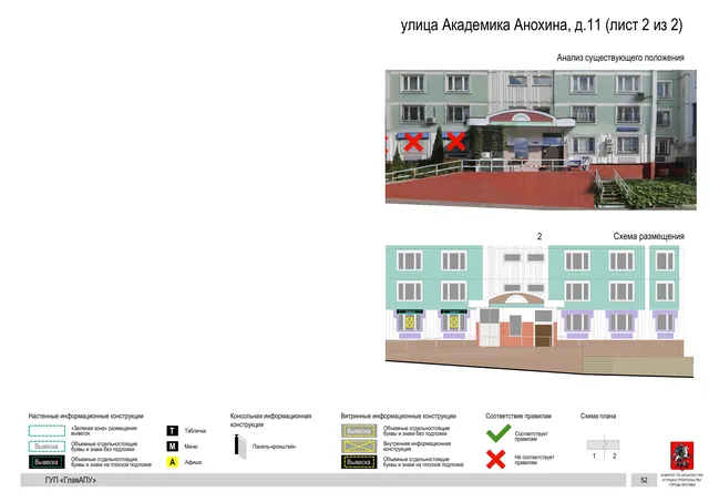 Архитектурная концепция размещения вывесок — Академика анохина улица, 11, Москва, лист 2 из 2 · Документ по адресу · Архитектурно-художественная концепция · 2016 год