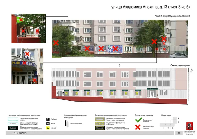 Архитектурная концепция размещения вывесок — Академика анохина улица, 13, Москва, лист 3 из 5 · Документ по адресу · Архитектурно-художественная концепция · 2016 год