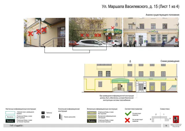 Архитектурная концепция размещения вывесок — Маршала василевского улица, 15, Москва, лист 1 из 4 · Документ по адресу · Архитектурно-художественная концепция · 2016 год