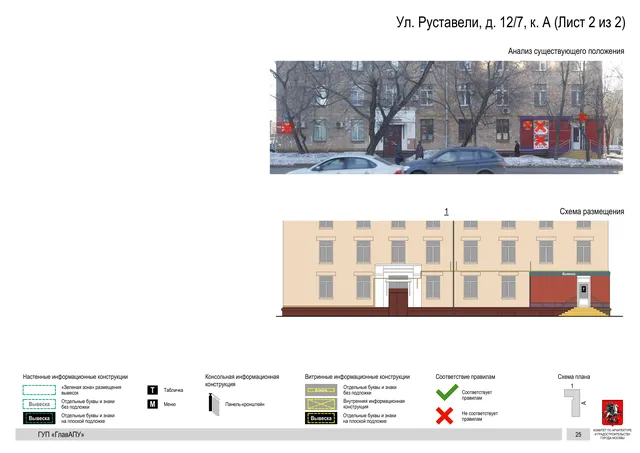 Архитектурная концепция размещения вывесок — Руставели улица, 12/7, корп. А, Москва, лист 2 из 2 · Документ по адресу · Архитектурно-художественная концепция · 2016 год