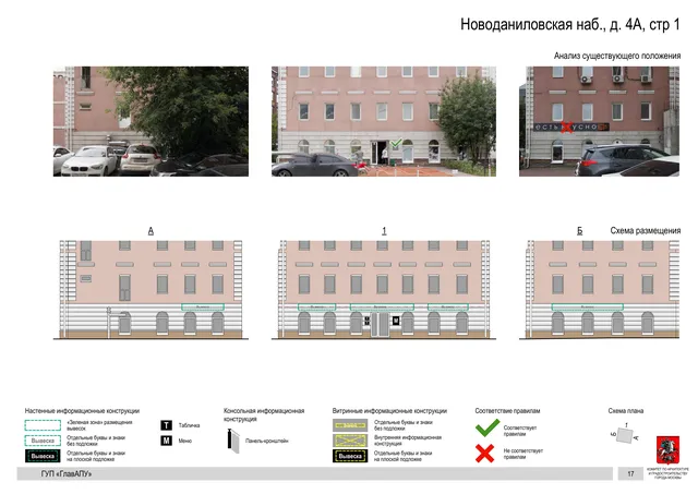 Архитектурная концепция размещения вывесок — Новоданиловская набережная, 4А, стр. 1, Москва, страница PDF 17 · Документ по адресу · Архитектурно-художественная концепция · 2016 год
