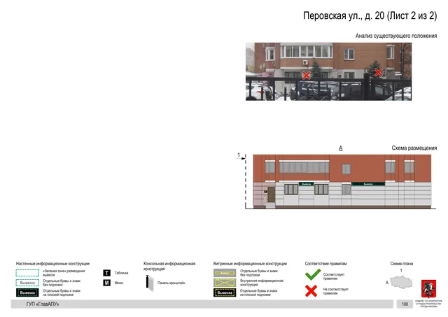 Архитектурная концепция размещения вывесок — Перовская улица, 20, Москва, лист 2 из 2 · Документ по адресу · Архитектурно-художественная концепция · 2016 год