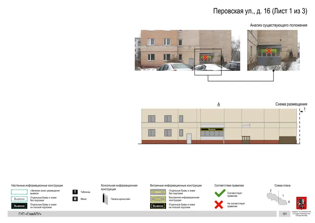 Архитектурная концепция размещения вывесок — Перовская улица, 16, Москва, лист 1 из 3 · Документ по адресу · Архитектурно-художественная концепция · 2016 год