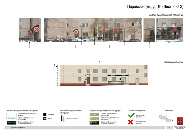 Архитектурная концепция размещения вывесок — Перовская улица, 16, Москва, лист 2 из 3 · Документ по адресу · Архитектурно-художественная концепция · 2016 год