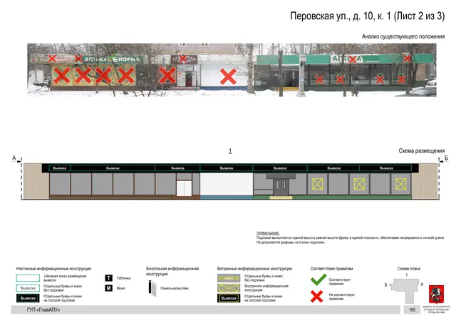 Архитектурная концепция размещения вывесок — Перовская улица, 10, корп. 1, Москва, лист 2 из 3 · Документ по адресу · Архитектурно-художественная концепция · 2016 год