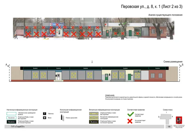 Архитектурная концепция размещения вывесок — Перовская улица, 8, корп. 1, Москва, лист 2 из 3 · Документ по адресу · Архитектурно-художественная концепция · 2016 год
