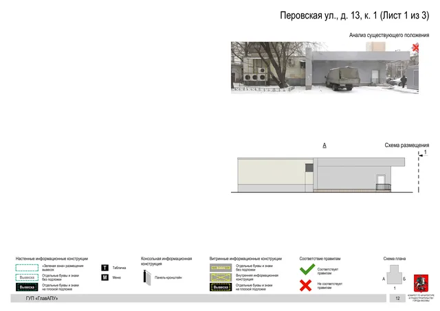 Архитектурная концепция размещения вывесок — Перовская улица, 13, корп. 1, Москва, лист 1 из 3 · Документ по адресу · Архитектурно-художественная концепция · 2016 год