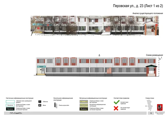 Архитектурная концепция размещения вывесок — Перовская улица, 23, Москва, лист 1 из 2 · Документ по адресу · Архитектурно-художественная концепция · 2016 год