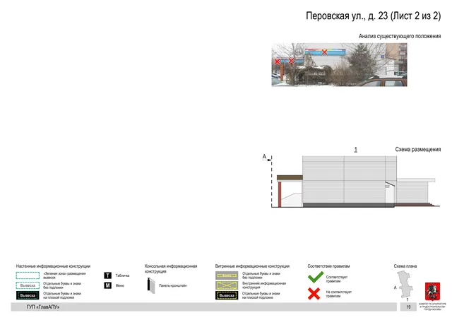 Архитектурная концепция размещения вывесок — Перовская улица, 23, Москва, лист 2 из 2 · Документ по адресу · Архитектурно-художественная концепция · 2016 год