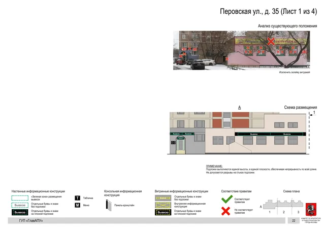 Архитектурная концепция размещения вывесок — Перовская улица, 35, Москва, лист 1 из 4 · Документ по адресу · Архитектурно-художественная концепция · 2016 год