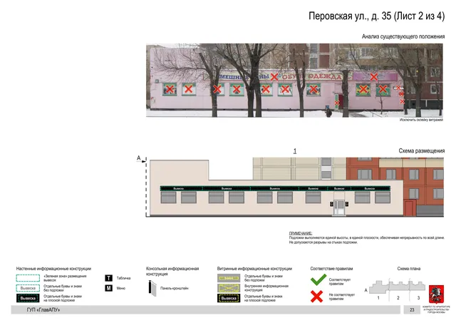 Архитектурная концепция размещения вывесок — Перовская улица, 35, Москва, лист 2 из 4 · Документ по адресу · Архитектурно-художественная концепция · 2016 год