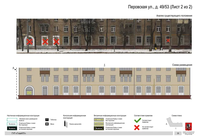 Архитектурная концепция размещения вывесок — Перовская улица, 49/53, Москва, лист 2 из 2 · Документ по адресу · Архитектурно-художественная концепция · 2016 год