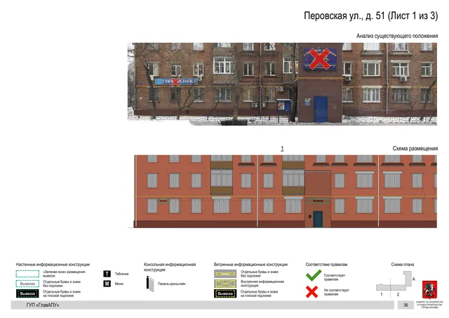 Архитектурная концепция размещения вывесок — Перовская улица, 51, Москва, лист 1 из 3 · Документ по адресу · Архитектурно-художественная концепция · 2016 год