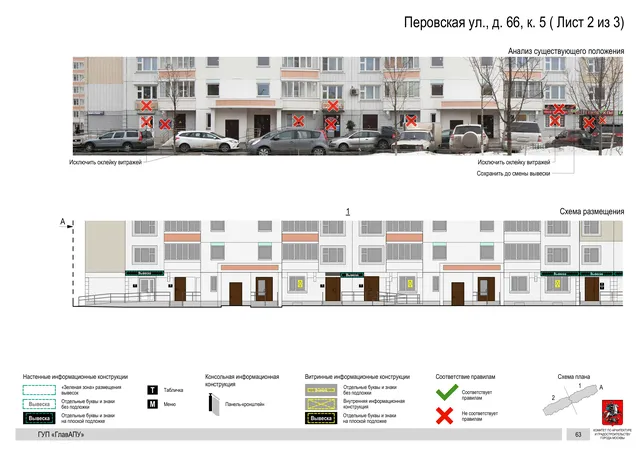 Архитектурная концепция размещения вывесок — Перовская улица, 66, корп. 5, Москва, лист 2 из 3 · Документ по адресу · Архитектурно-художественная концепция · 2016 год