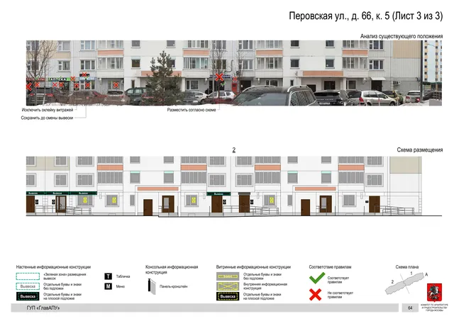 Архитектурная концепция размещения вывесок — Перовская улица, 66, корп. 5, Москва, лист 3 из 3 · Документ по адресу · Архитектурно-художественная концепция · 2016 год