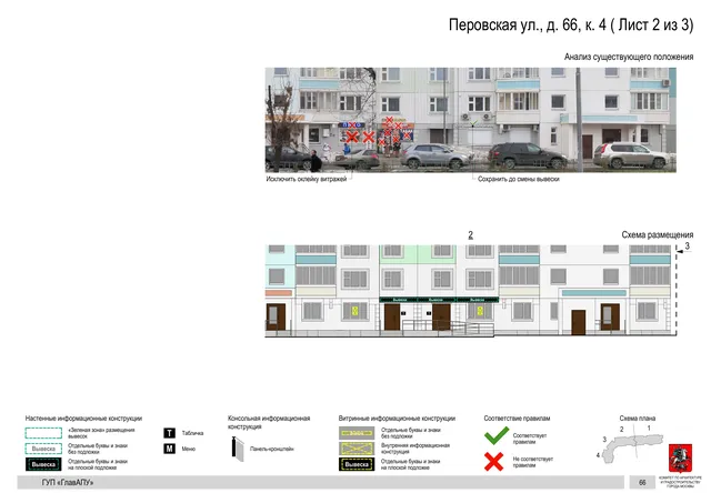 Архитектурная концепция размещения вывесок — Перовская улица, 66, корп. 4, Москва, лист 2 из 3 · Документ по адресу · Архитектурно-художественная концепция · 2016 год
