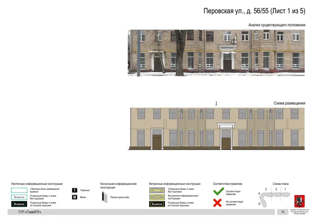 Архитектурная концепция размещения вывесок — Перовская улица, 56/55, Москва, лист 1 из 5 · Документ по адресу · Архитектурно-художественная концепция · 2016 год