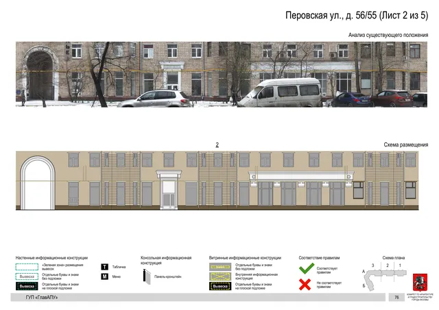 Архитектурная концепция размещения вывесок — Перовская улица, 56/55, Москва, лист 2 из 5 · Документ по адресу · Архитектурно-художественная концепция · 2016 год