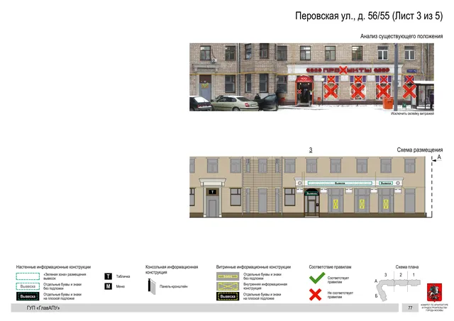 Архитектурная концепция размещения вывесок — Перовская улица, 56/55, Москва, лист 3 из 5 · Документ по адресу · Архитектурно-художественная концепция · 2016 год