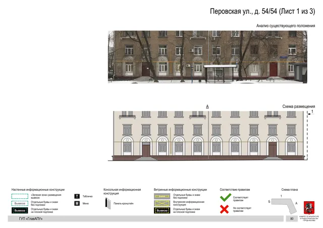 Архитектурная концепция размещения вывесок — Перовская улица, 54/54, Москва, лист 1 из 3 · Документ по адресу · Архитектурно-художественная концепция · 2016 год