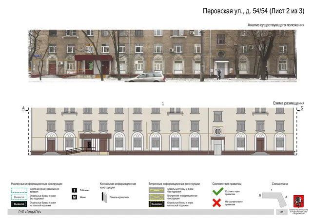Архитектурная концепция размещения вывесок — Перовская улица, 54/54, Москва, лист 2 из 3 · Документ по адресу · Архитектурно-художественная концепция · 2016 год