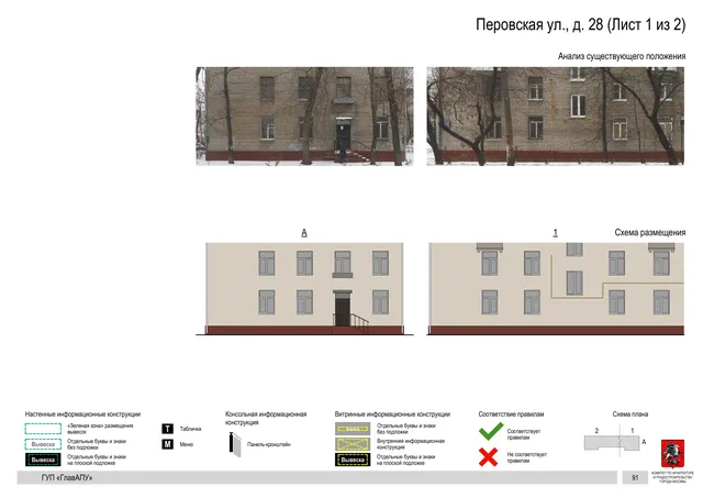 Архитектурная концепция размещения вывесок — Перовская улица, 28, Москва, лист 1 из 2 · Документ по адресу · Архитектурно-художественная концепция · 2016 год