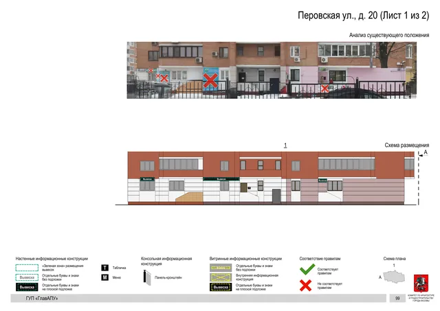 Архитектурная концепция размещения вывесок — Перовская улица, 20, Москва, лист 1 из 2 · Документ по адресу · Архитектурно-художественная концепция · 2016 год