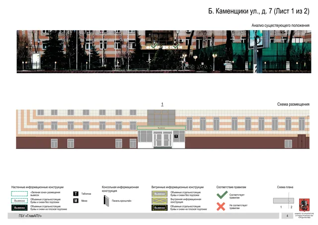 Архитектурная концепция размещения вывесок — Большие каменщики улица, 7, Москва, лист 1 из 2 · Документ по адресу · Архитектурно-художественная концепция · 2019 год