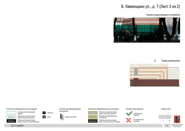 Архитектурная концепция размещения вывесок — Большие каменщики улица, 7, Москва, лист 2 из 2 · Документ по адресу · Архитектурно-художественная концепция · 2019 год