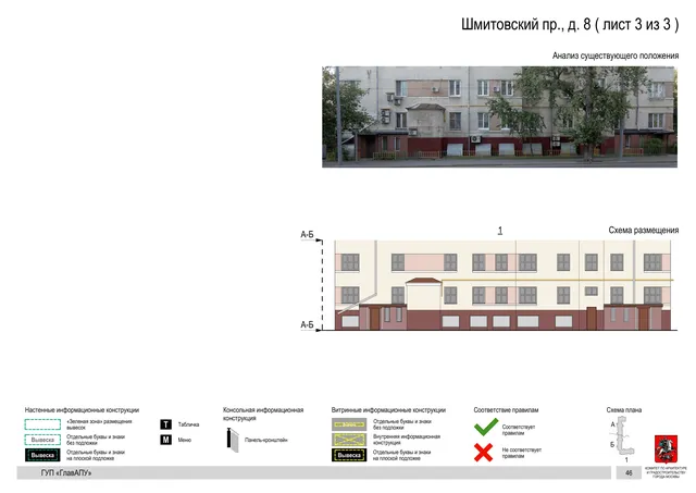 Архитектурная концепция размещения вывесок — Шмитовский, 8, Москва, лист 3 из 3 · Документ по адресу · Архитектурно-художественная концепция · 2016 год