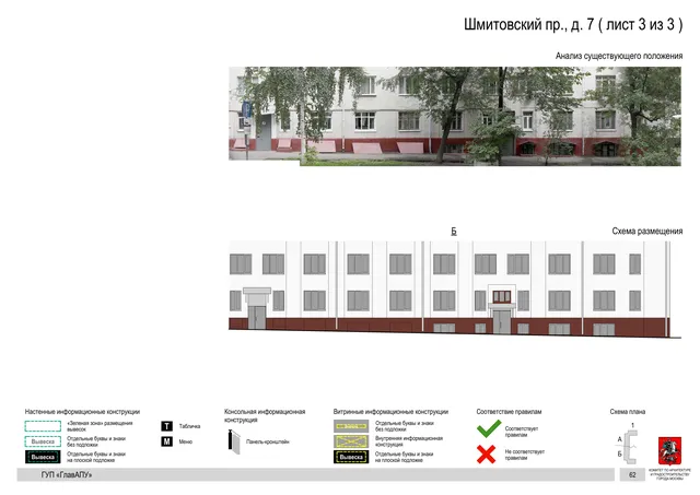 Архитектурная концепция размещения вывесок — Шмитовский, 7, Москва, лист 3 из 3 · Документ по адресу · Архитектурно-художественная концепция · 2016 год