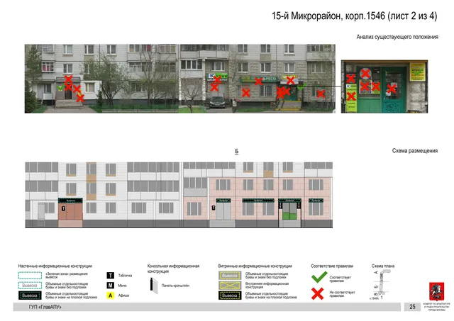 Архитектурная концепция размещения вывесок — 15-й микрорайон, корп. 1546, Москва, лист 2 из 4 · Документ по адресу · Архитектурно-художественная концепция · 2016 год