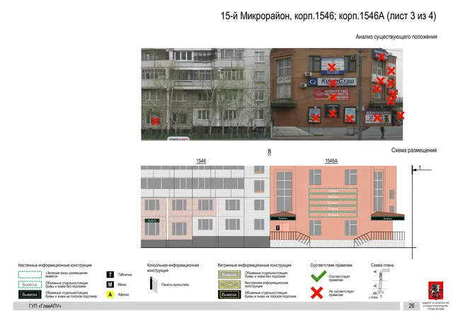 Архитектурная концепция размещения вывесок — 15-й микрорайон, корп. 1546, Москва, лист 3 из 4 · Документ по адресу · Архитектурно-художественная концепция · 2016 год