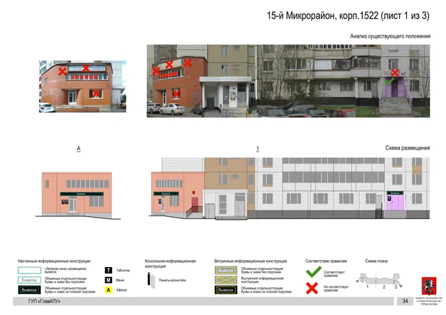 Архитектурная концепция размещения вывесок — 15-й микрорайон, корп. 1522, Москва, лист 1 из 3 · Документ по адресу · Архитектурно-художественная концепция · 2016 год