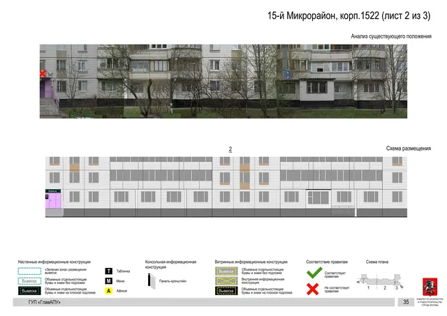 Архитектурная концепция размещения вывесок — 15-й микрорайон, корп. 1522, Москва, лист 2 из 3 · Документ по адресу · Архитектурно-художественная концепция · 2016 год